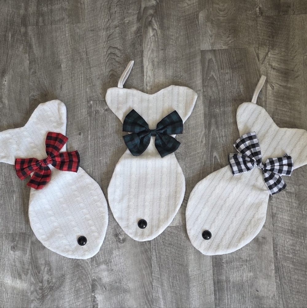 White Fish Christmas Stockings with Plaid Bows